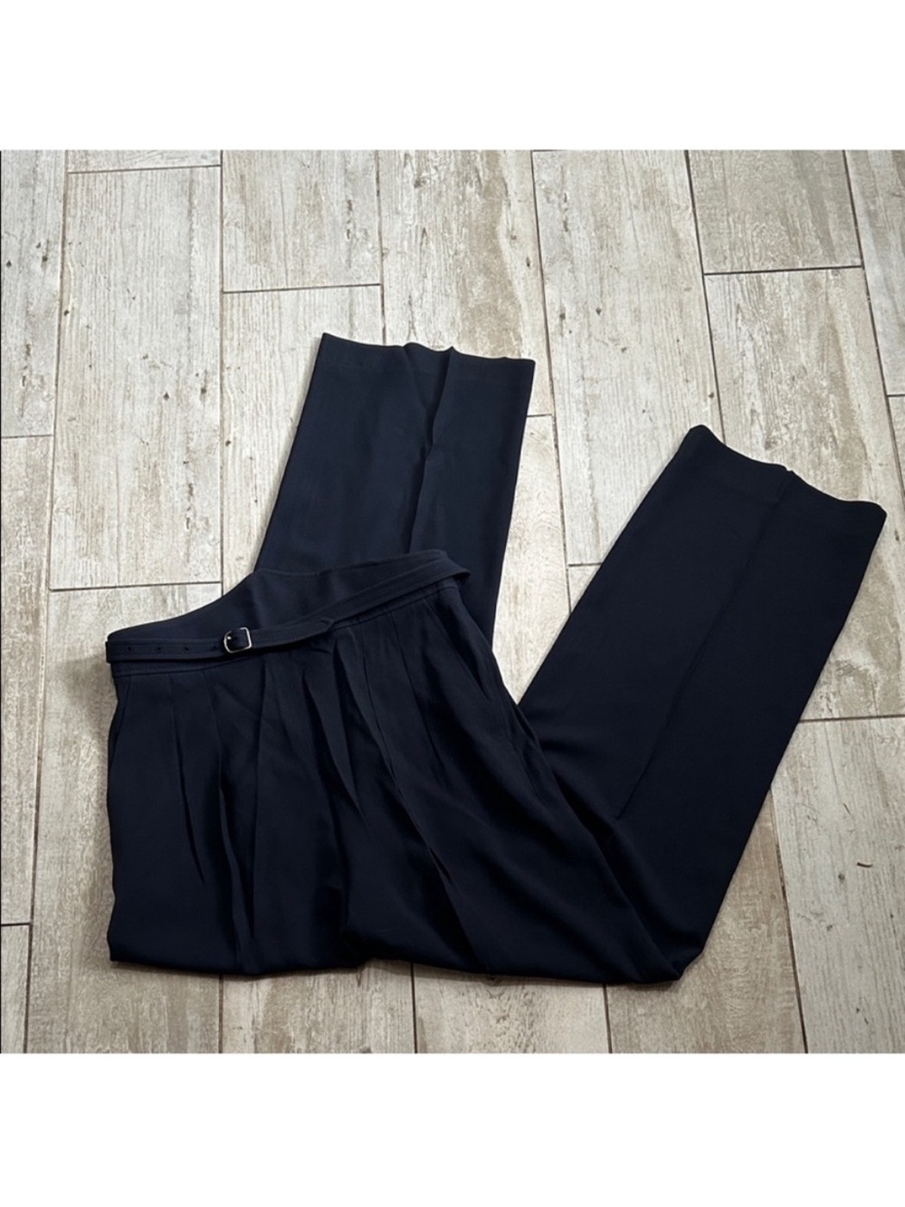 Hermes Navi blue High-Waist Pleated Wide-Leg Trousers with Slim Belt